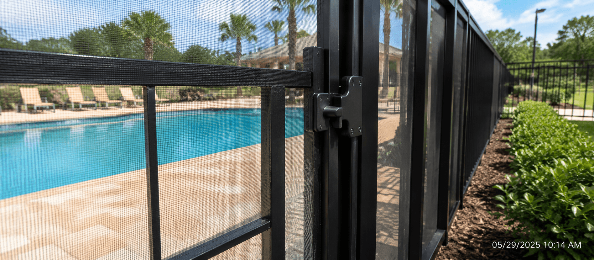 Repaired pool-enclosure gate with a visible timestamp for re-inspection