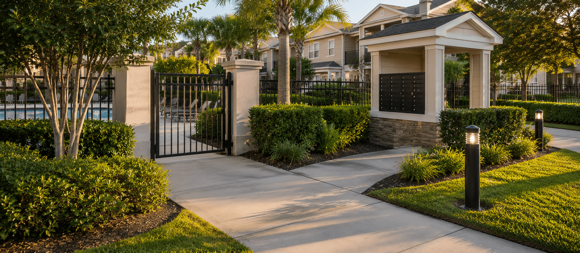 Maintained common area — lighting, gates, and walkways