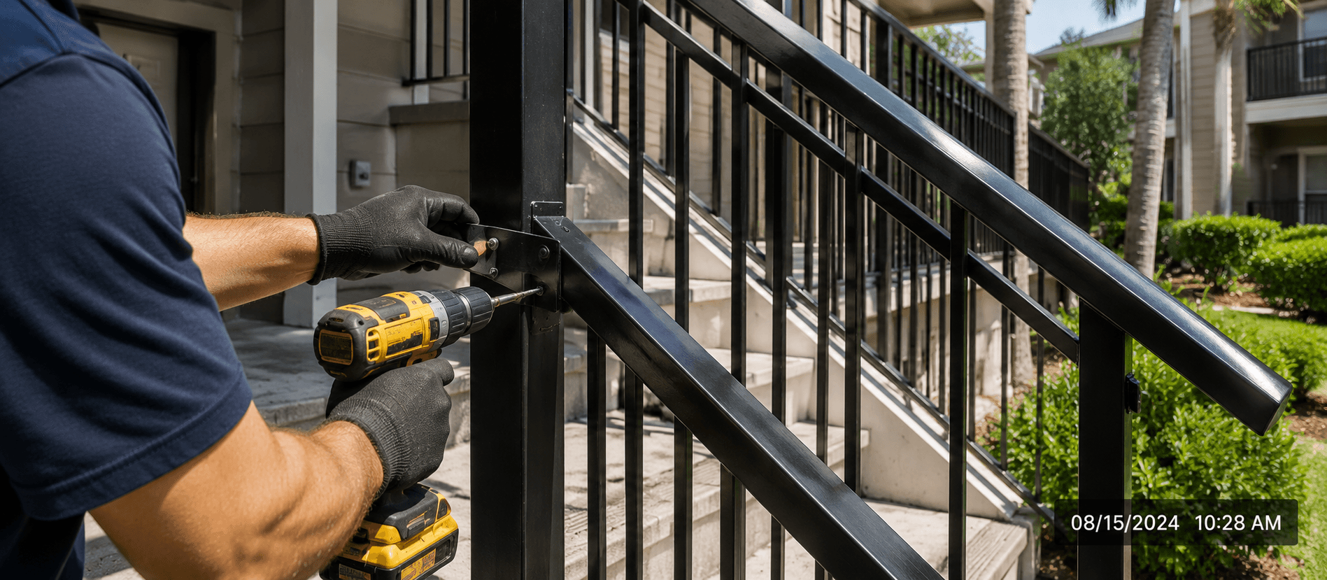 Repaired stair railing with a visible timestamp for re-inspection