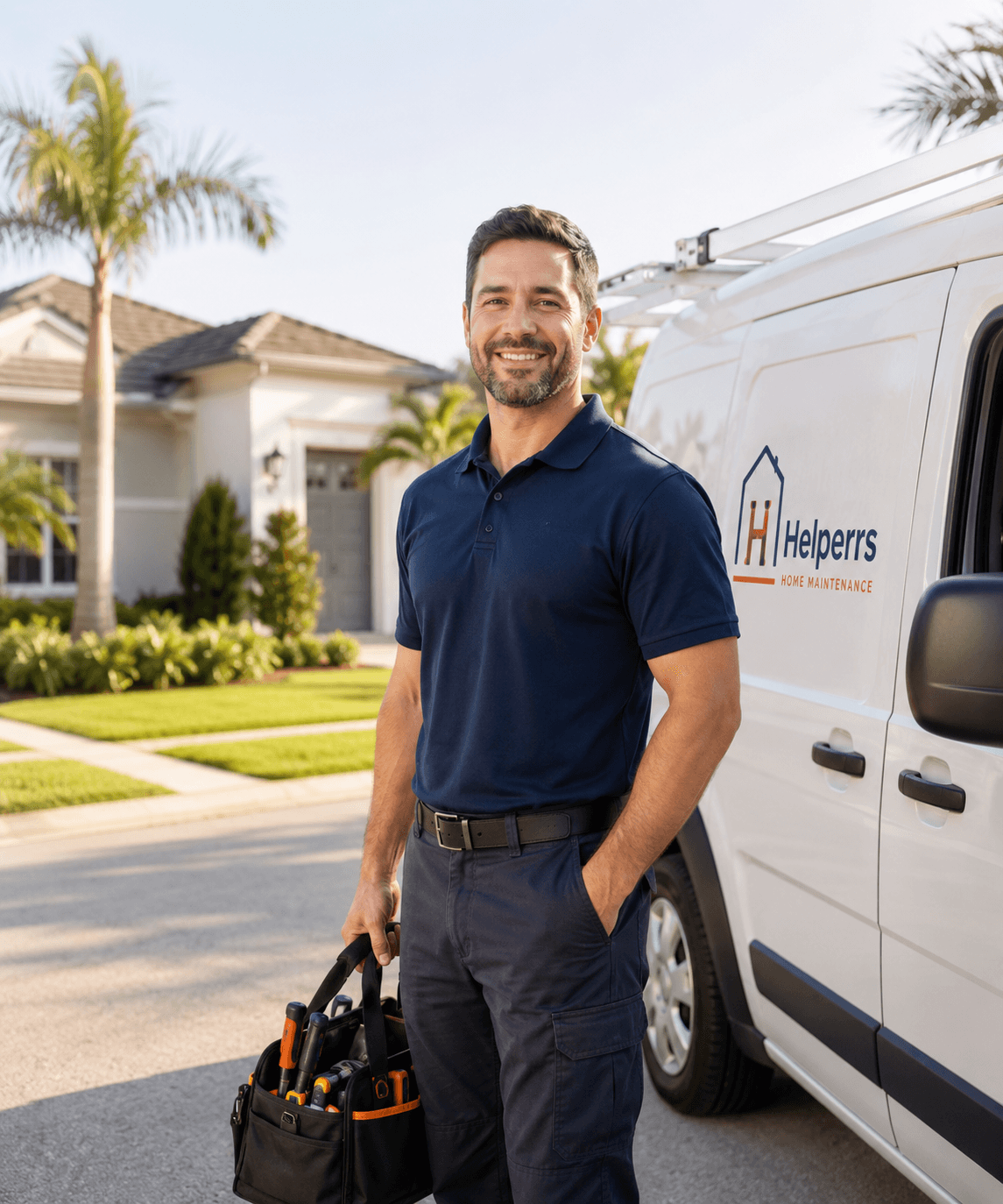 Smiling uniformed Beautifing Homes handyman beside a branded van
